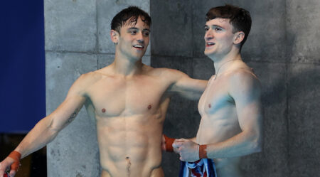 Tom Daley and Matty Lee of Team Great Britain look celebrate after their final dive during the Men's Synchronised 10m Platform Final on day three of the Tokyo 2020 Olympic Games at Tokyo Aquatics Centre on July 26, 2021 in Tokyo, Japan. Matty Lee has since joined OnlyFans