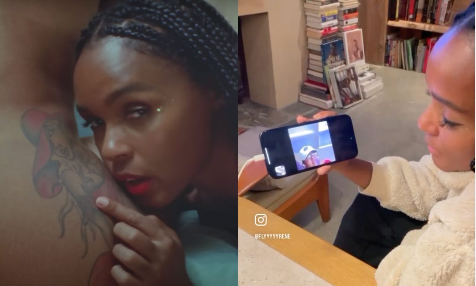 La mère de Janelle Monáe réagit de manière hilarante à la star « montrant un butin nu » dans le clip de NSFW On the left, a still from Janelle Monáe’s new music video Lipstick Lover. On the right, a still from her mum reacting to the video.