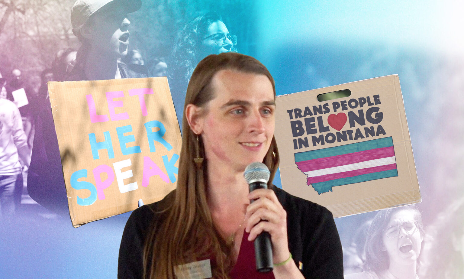Le législateur trans Zooey Zephyr défiant après la censure de l’État du Montana: « La démocratie ne mourra pas aussi facilement » Zooey Zephyr edited into a split image of trans activists holding signs in support of her.