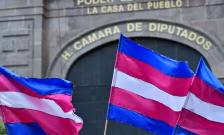 A set of trans flags waving around near the legislative branch of the State of Mexico.