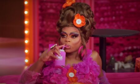 Heidi N Closet sips a drink in Untucked following the latest episode of RuPaul's Drag Race All Stars 8.