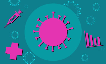 Illustration of a virus, syringe, graph and medical cross