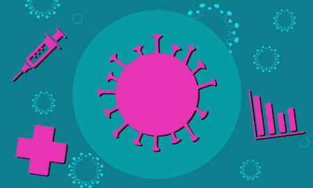 Illustration of a virus, syringe, graph and medical cross