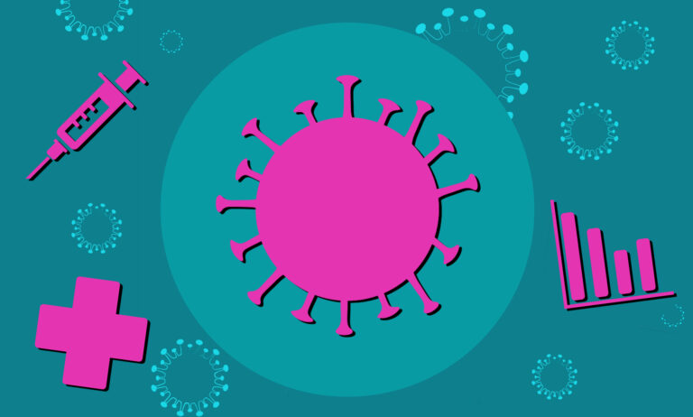 Illustration of a virus, syringe, graph and medical cross
