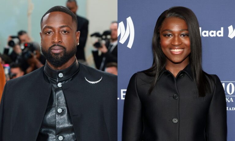 On the right, Dwyane Wade wears a black leather top and black cape at the 20223 met gala. on the right, Zaya Wade smiles at the camera wearing a balck top at the GLAAD Media aWARDS.