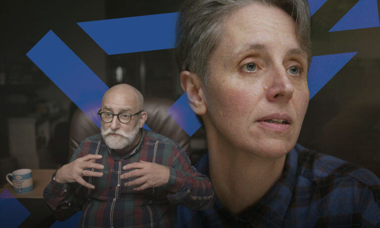 A composite graphic made of images of anti-trans activist Kathleen Stock and trans activist Dr Stephen Whittle from the Channel 4 documentary Gender Wars