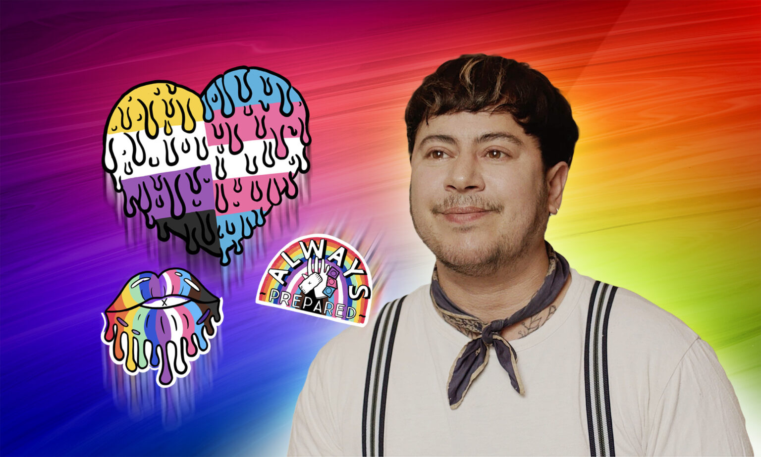 Fox Fisher et Durex célèbrent l’exploration et l’éducation avec des designs Pride exclusifs A composite image of artist Fox Fisher next to a series of illustrations that form part of his Pride collaboration with Durex