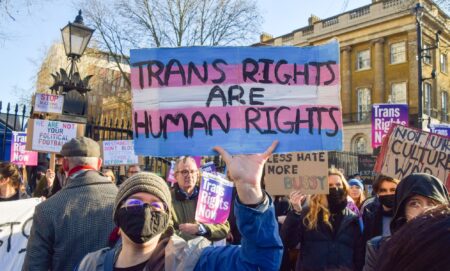 A trans activist holds up a sign reading "trans rights are human rights."