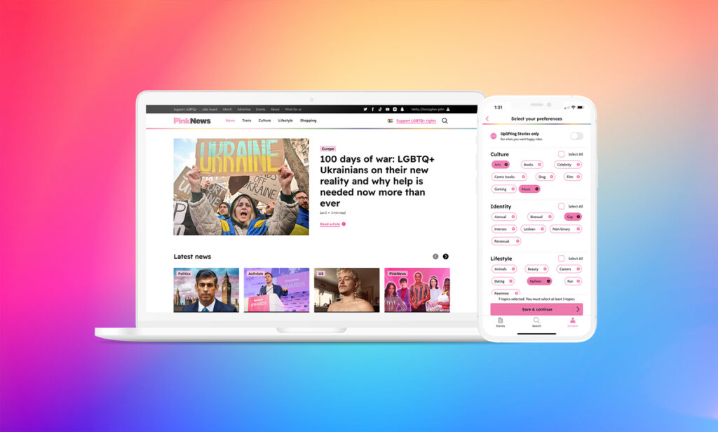 PinkNews élu éditeur et application de l’année aux prestigieux Drum Awards 2023 The PinkNews website's homepage and accompanying app against a rainbow backdrop