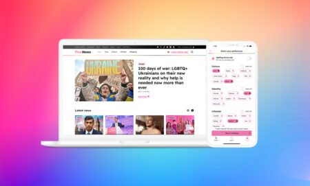 The PinkNews website's homepage and accompanying app against a rainbow backdrop