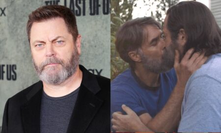 Nick Offerman (left) behind a The Last of Us background and kissing Murray Bartlett's Frank as Bill in episode three (right)