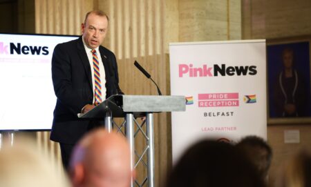 Northern Ireland secretary Chris Heaton-Harris speaking at the PinkNews reception in Stormont.