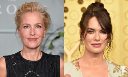 A photo of Gillian Anderson in a black dress, next to a photo of Lena Headey in a floral dress.