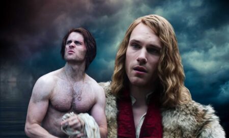 An image composite of Joey Batey as Jaskier and Hugh Skinner as Prince Radovid in The Witcher.