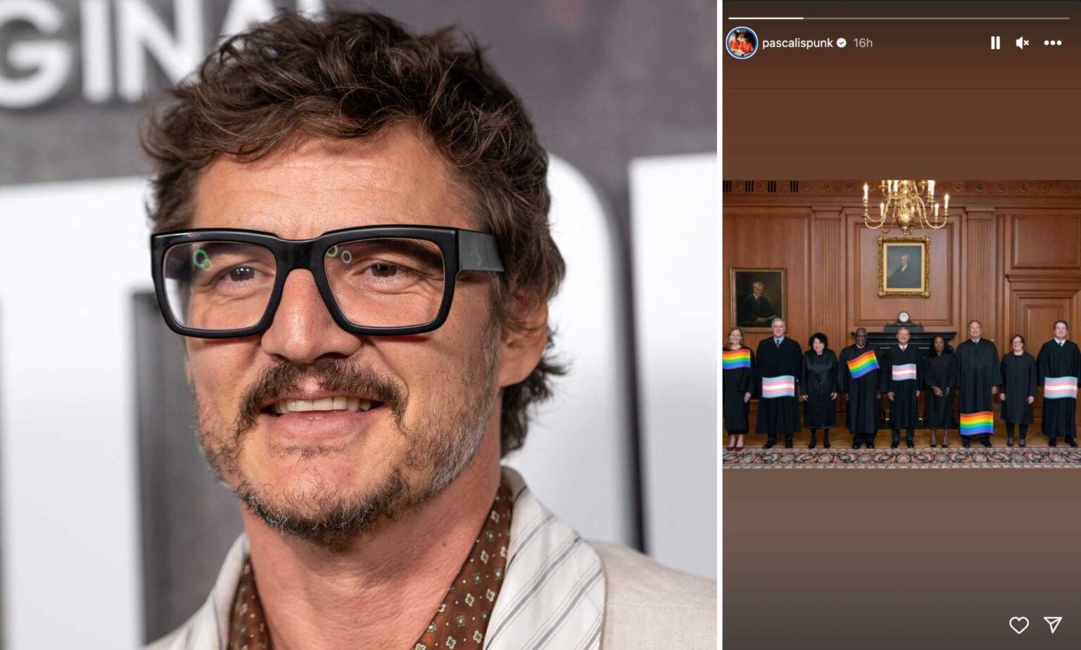 Pedro Pascal rejoint la réaction de la Cour suprême des États-Unis après le recul des droits LGBTQ + Pedro Pascal (left) and a screenshot from his instagram story