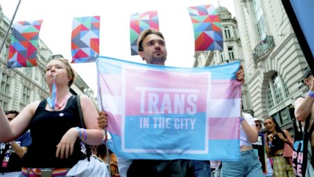 Trans in the City protest banner on July 1, 2023 in London, England. Pride in London is an annual LGBT+ festival and parade held each summer in London. 35,000 people are expected to march this year making the event the largest in London to date. (Footage by Mark Case/Getty Images)