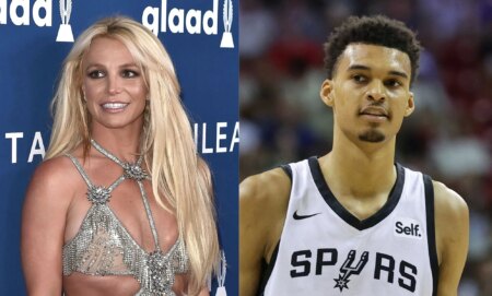 Side by side images of singer Britney Spears wearing a sparkly outfit and NBA player Victor Wembanyama