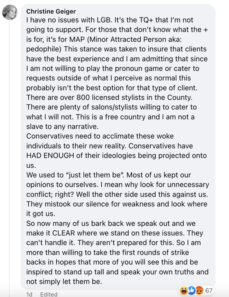 Commentaire Facebook de la propriétaire de Studio 8 Hair Lab, Christine Geiger, défendant son message original