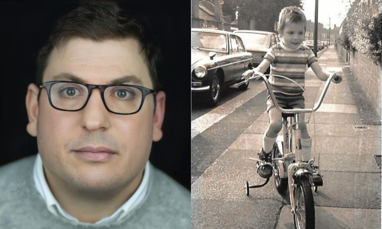 Grandir gay avec une paralysie cérébrale : « Trop gay pour les personnes handicapées et trop handicapé pour les gays » Emmett de Monterey pictured on the left as an adult. On the right he is pictured on a bicycle in a black and white picture.