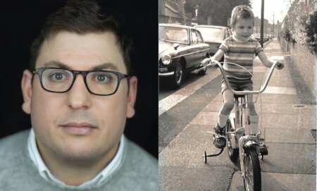 Emmett de Monterey pictured on the left as an adult. On the right he is pictured on a bicycle in a black and white picture.