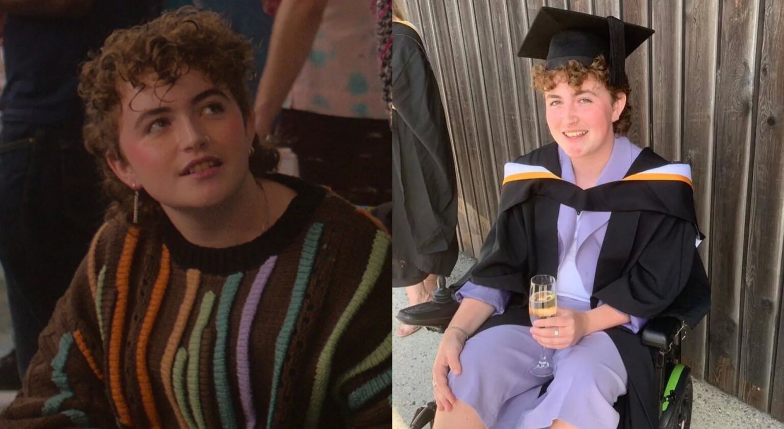 La star de Trans Heartstopper, Ash Self, rappelle aux gens que handicapé n’est pas un «gros mot» Ash Self as Felix in Heartstopper season to (left) and pictured on his graduation day in a cap, down and wheelchair (right)