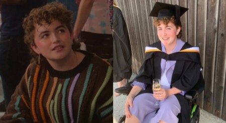 Ash Self as Felix in Heartstopper season to (left) and pictured on his graduation day in a cap, down and wheelchair (right)