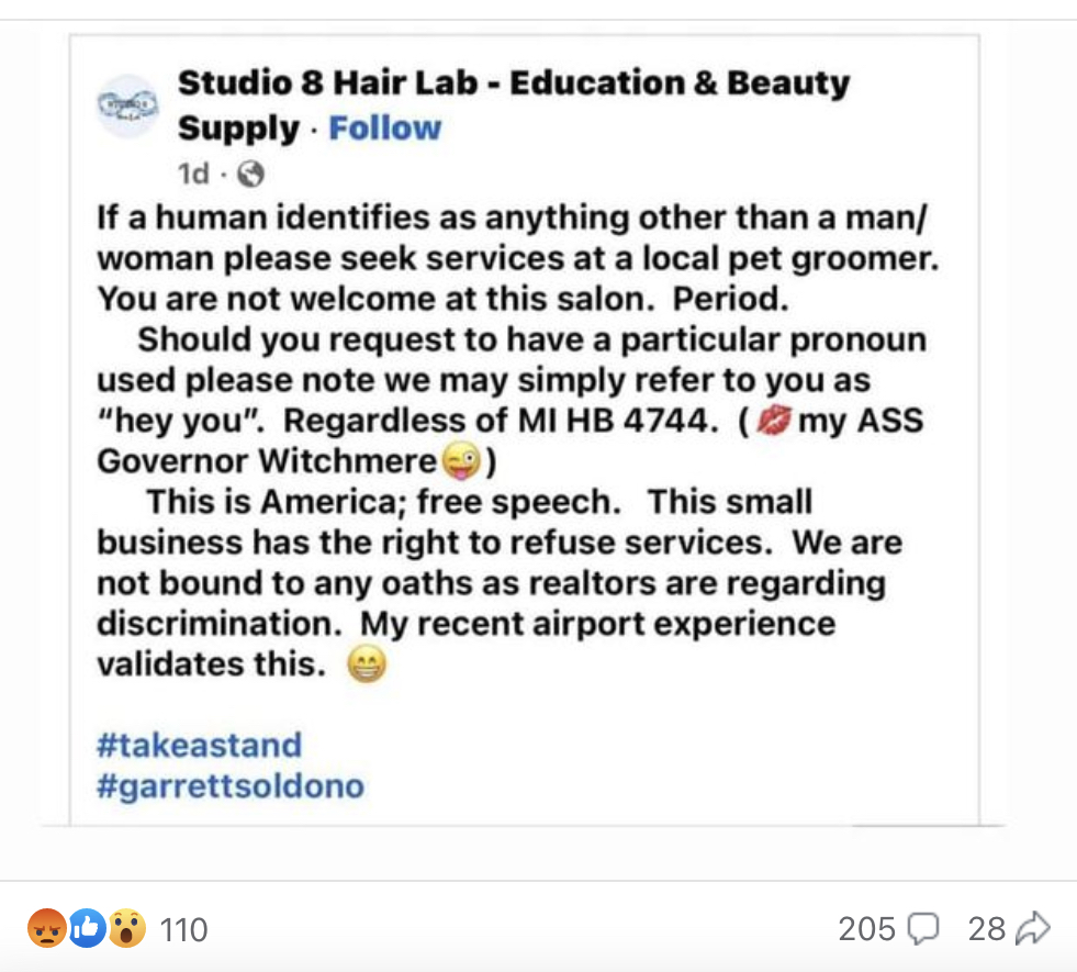 Publication Facebook originale de Studio 8 Hair Lab