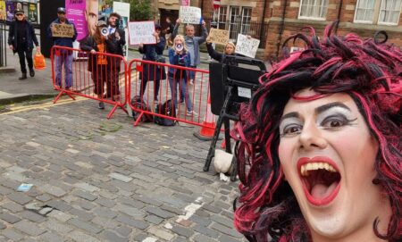 Drag Queen Story Hour host Aida H Dee and protesters at Edinburgh Festival Fringe 2023