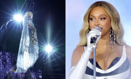 A split image of Beyoncé suspended by wires on the left and her singing on the right.