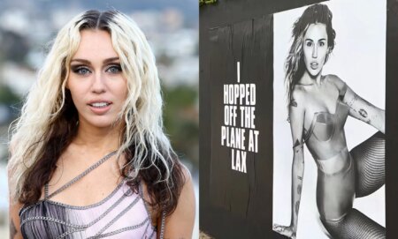 On the left, Miley Cyrus wearing a purple top with silver chains. On the right, a still from a TikTok showing Miley Cyrus posters teasing new music.