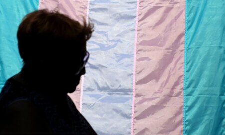 A silhoutte stands infront of a trans flag.