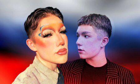 Pictures of gay Russian university student, Max, in makeup and just looking to the side in front of the white, blue and red stripes of the flag of Russia