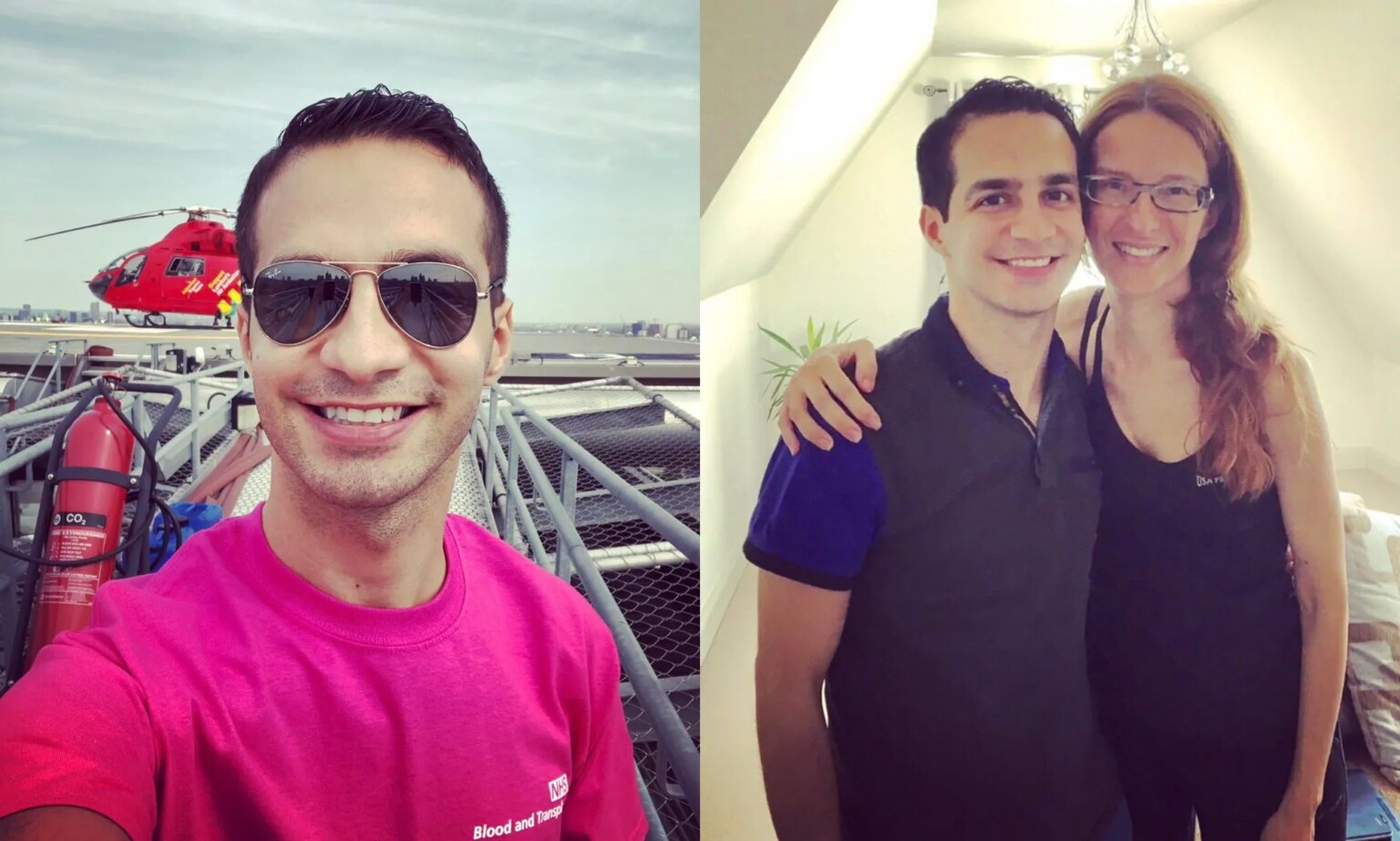 « J’ai fait don d’un rein à l’un de mes collègues du NHS – et je n’ai jamais regardé en arrière » Ali Dawson, picture don the left in a pink t-shirt, outdoors. he is wearing sunglasses and has dark short hair. On the right is a picture of Ali Dawson with Sonia, a former colleague and mentor who he donated a kidney to.