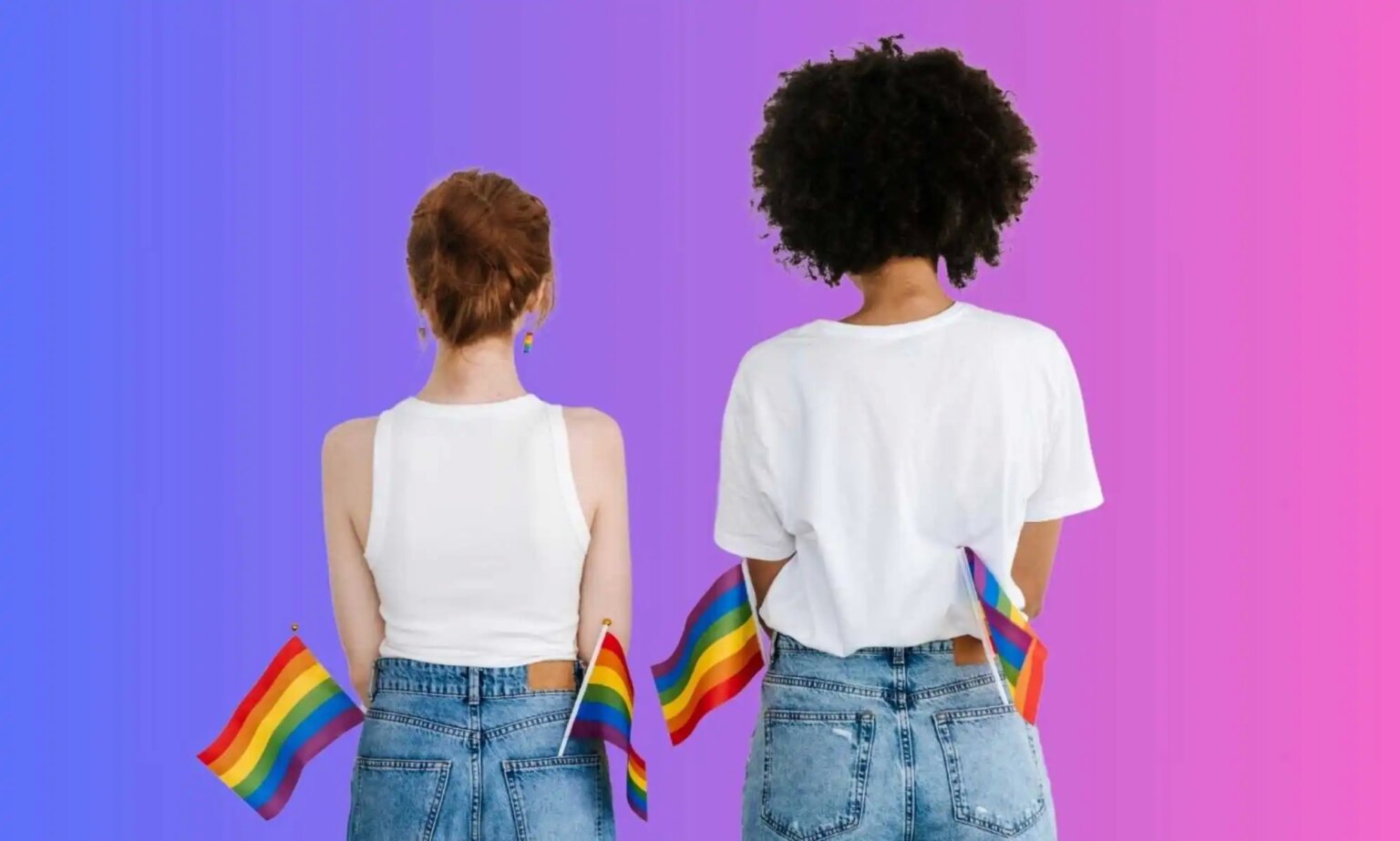 « Le stress dû à la biphobie affecte ma santé physique » : les bisexuels sont-ils voués à souffrir de maladies chroniques ? Women holding pride flags against bisexual pride flag colours.