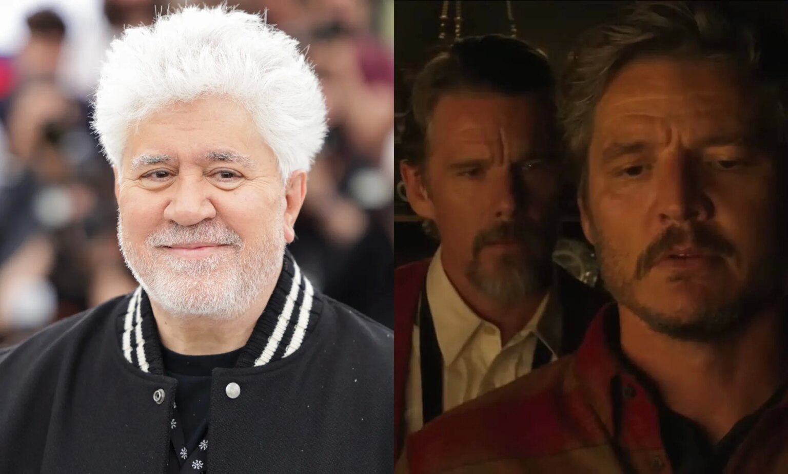 Le réalisateur de Strange Way of Life parle de l’alchimie « absolument érotique » entre Pedro Pascal et Ethan Hawke Strange Way of Life director Pedro Almodóvar (L) on