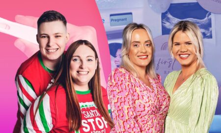 Queer couples Danielle and Natalie as well as Megan and Whitney Bacon-Evans pose next to each other with pink and blue images of pregnancy tests are seen behind them to illustrate their fertility journey