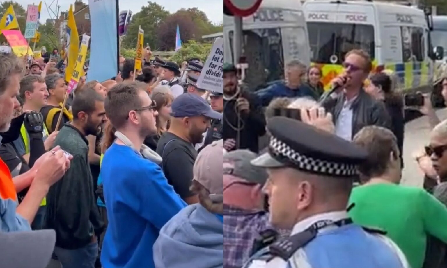 Des centaines de manifestants LGBTQ+ qualifient Laurence Fox de « perdante » après avoir participé à une marche anti-traînée A split image of protestors and anti-drag activists surrounding Laurence Fox.