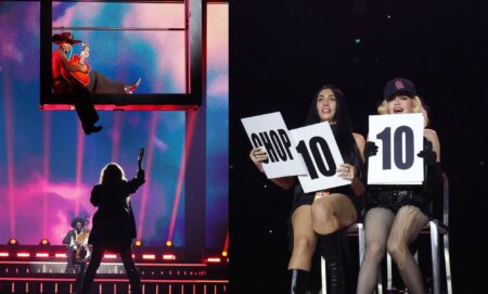 Madonna with her daughter Lourdes and son David on stage for her Celebration Tour.