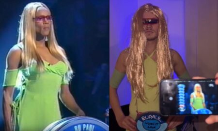 RuPaul on The Weakest Link in 2001 (left) replicated for Halloween in 2023 (right).