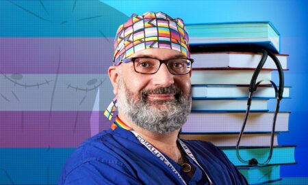 A graphic design image composed of a photo of surgeon Ioannis Ntanos in scrubs, a pile of books with a stethoscope, an outline of a body with top surgery scars and the colours of the trans flag (blue, pink and white)