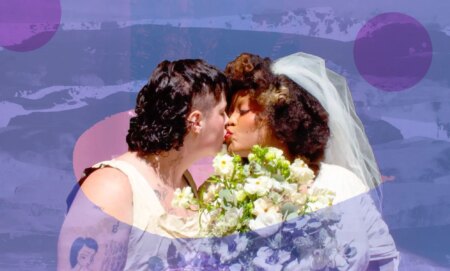 A graphic composed of a wedding image of queer, trans TikTok couple Grey and Grayson Prince kissing with blue and pink designs in the background