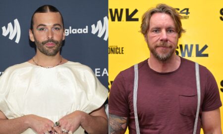 Side by side photos of Queer Eye star Jonathan Van Ness wearing a white outfit and Dax Shepard wearing a red shirt with grey stripes