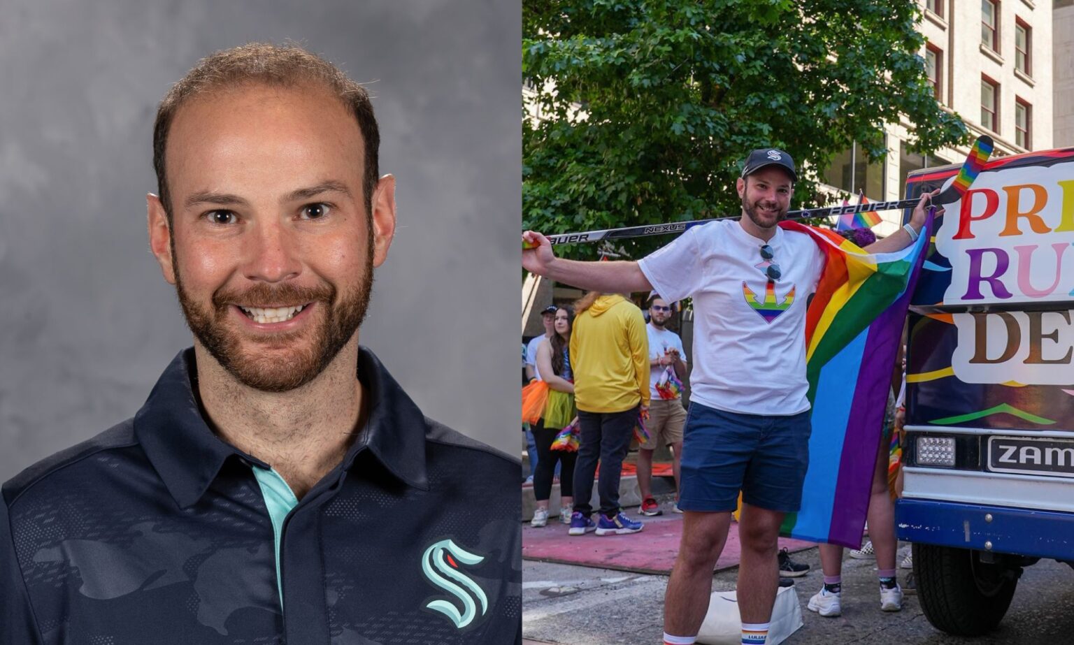 L’entraîneur de la LNH Justin Rogers se révèle gay dans un geste historique Side by side photographs of NHL trainer Justin Rogers, who recently came out as gay, wearing a Seattle Krakens uniform and then LGBTQ+ Pride coloured clothing