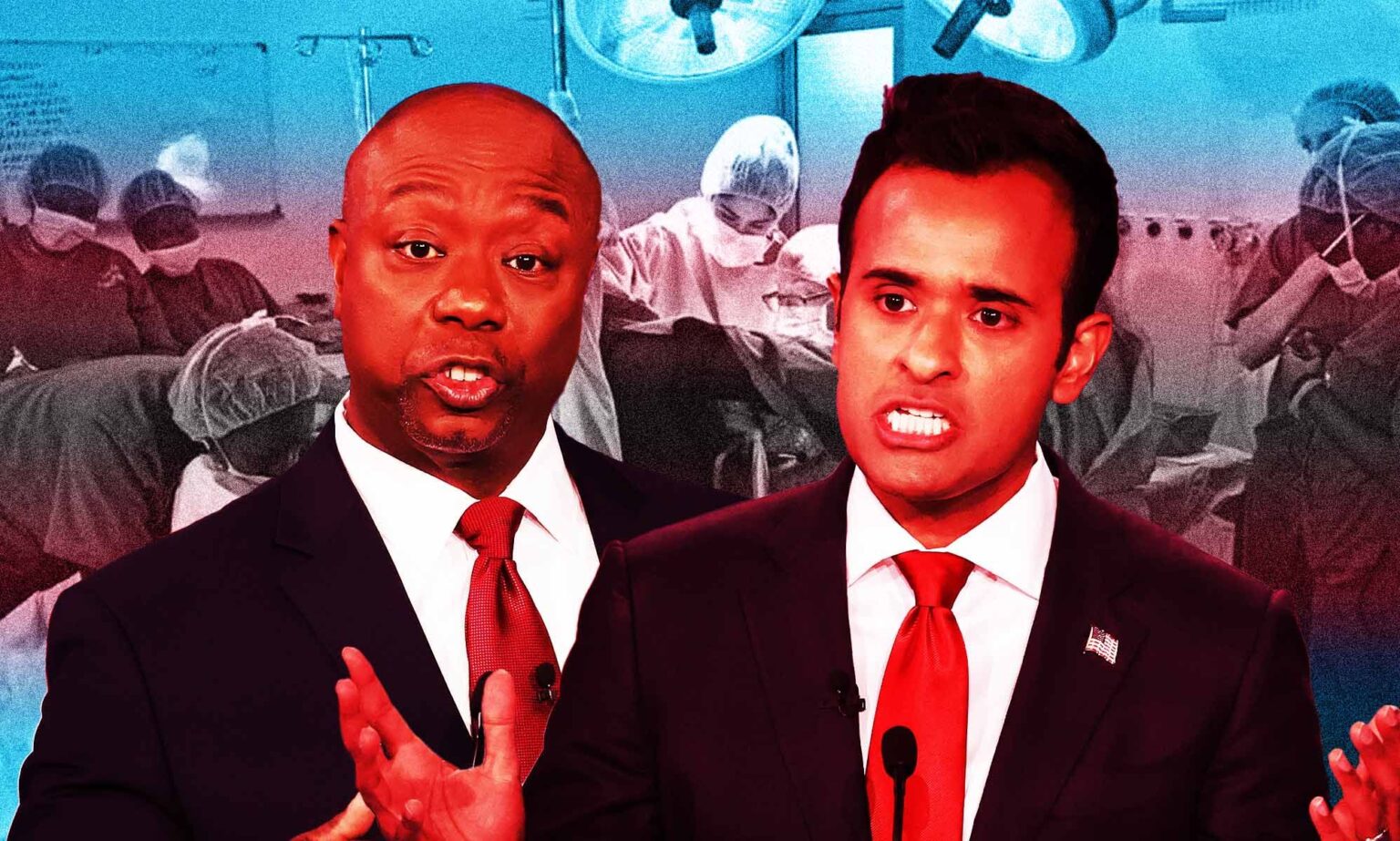 Un expert en santé trans dénonce les attaques anti-trans « fondées sur la peur » des candidats républicains à la présidentielle A graphic composed of images of Republican presidential hopefuls Tim Scott and Vivek Ramaswamy at a debate with a picture of Dr Marci Bowers performing a gender-affirming surgery for a trans person