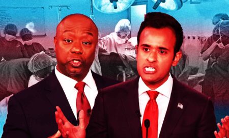 A graphic composed of images of Republican presidential hopefuls Tim Scott and Vivek Ramaswamy at a debate with a picture of Dr Marci Bowers performing a gender-affirming surgery for a trans person