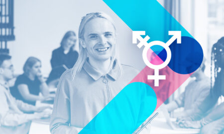 A person smiling at the camera with a graphic overlay with trans symbol.