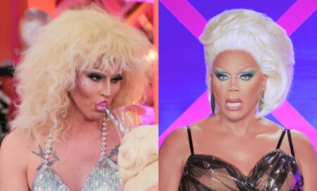 Stills of Vicki Vivacious and RuPaul from Drag Race UK season 5.