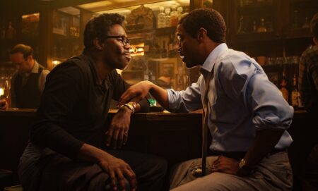 Colman Domingo as Bayard Rustin (L) with Johnny Ramey as partner Elias (R). (Netflix)