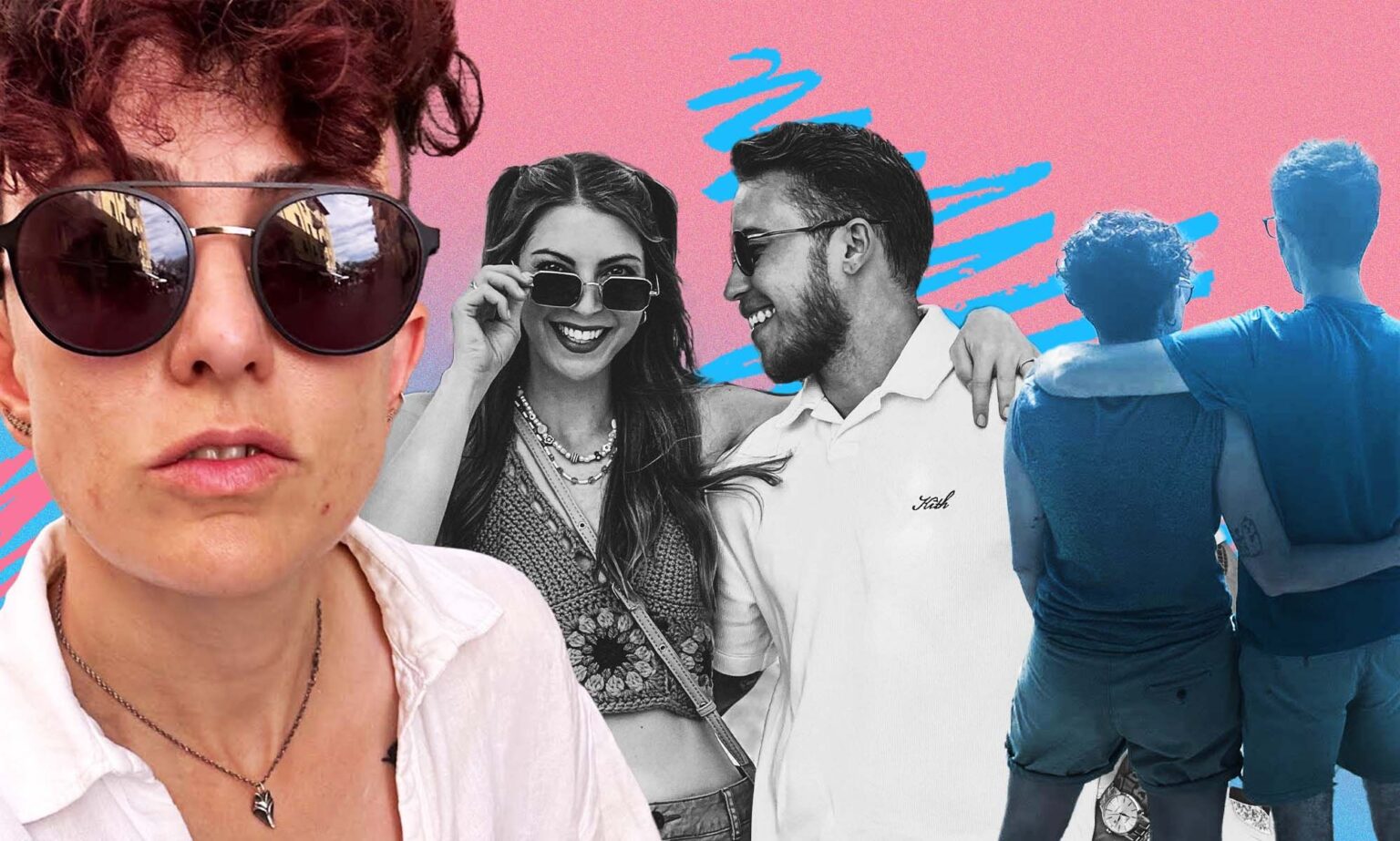 « Mon partenaire est devenu trans, maintenant nous traversons cette transition ensemble » A graphic composed of images of trans and non-binary people, either by themselves or with their partner with whom they're in a relationship with