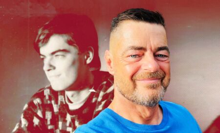 A composite image shows Ian Makinson on the left as a young man and on the right today, in his fifties.